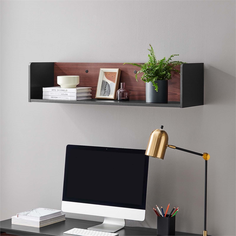Modway Kinetic Wall-Mount Modern Wood Shelf in Black and Cherry