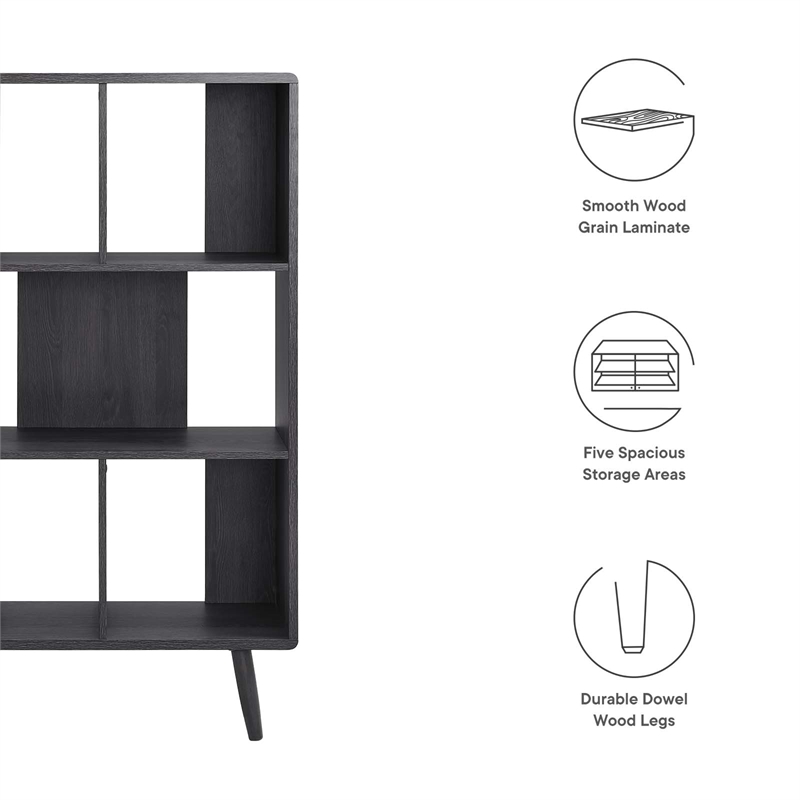 Modway Transmit 5-Shelf Wood Bookcase with Splayed Dowel Legs in Charcoal