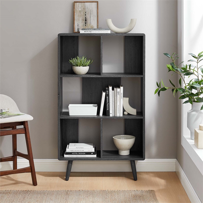 Modway Transmit 5-Shelf Wood Bookcase with Splayed Dowel Legs in Charcoal