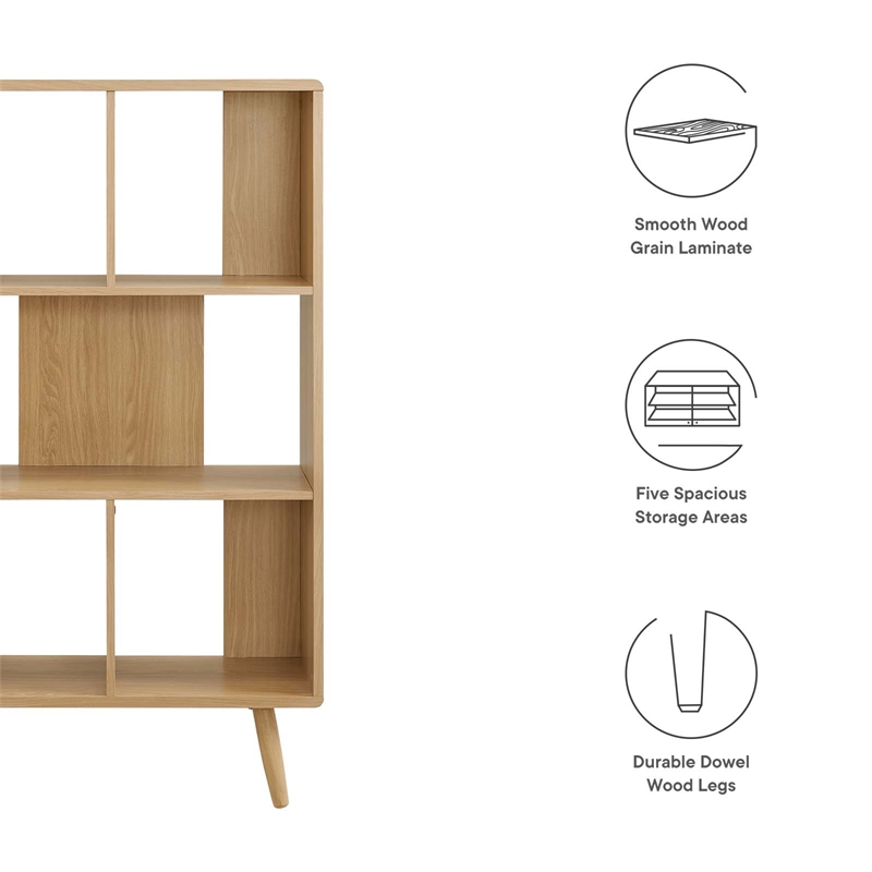 Modway Transmit 5-Shelf Wood Bookcase with Splayed Dowel Legs in Oak