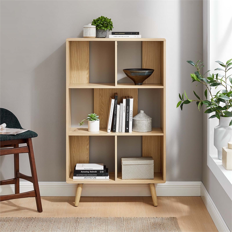 Modway Transmit 5-Shelf Wood Bookcase with Splayed Dowel Legs in Oak