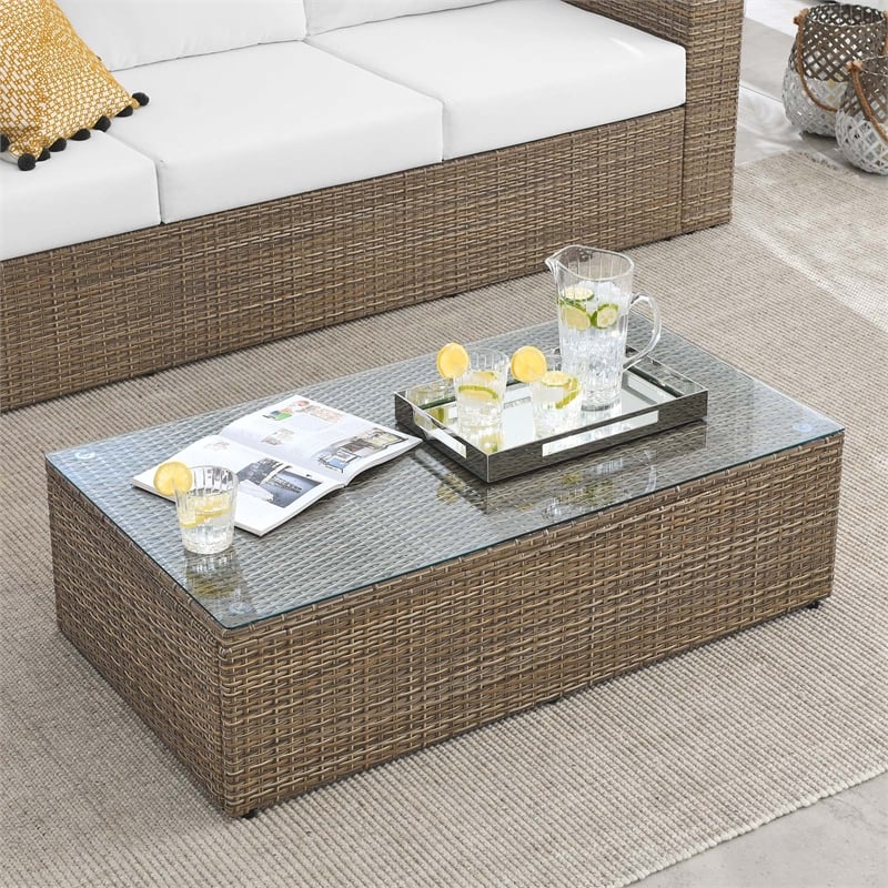 Modway Convene Outdoor Glass & Synthetic Rattan Coffee Table in Brown