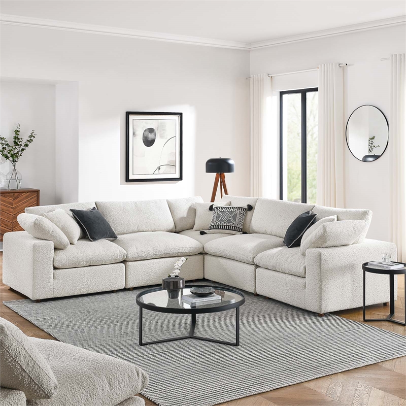 Modway Commix 5-Piece Upholstered Fabric & Wood Sectional Sofa in Ivory