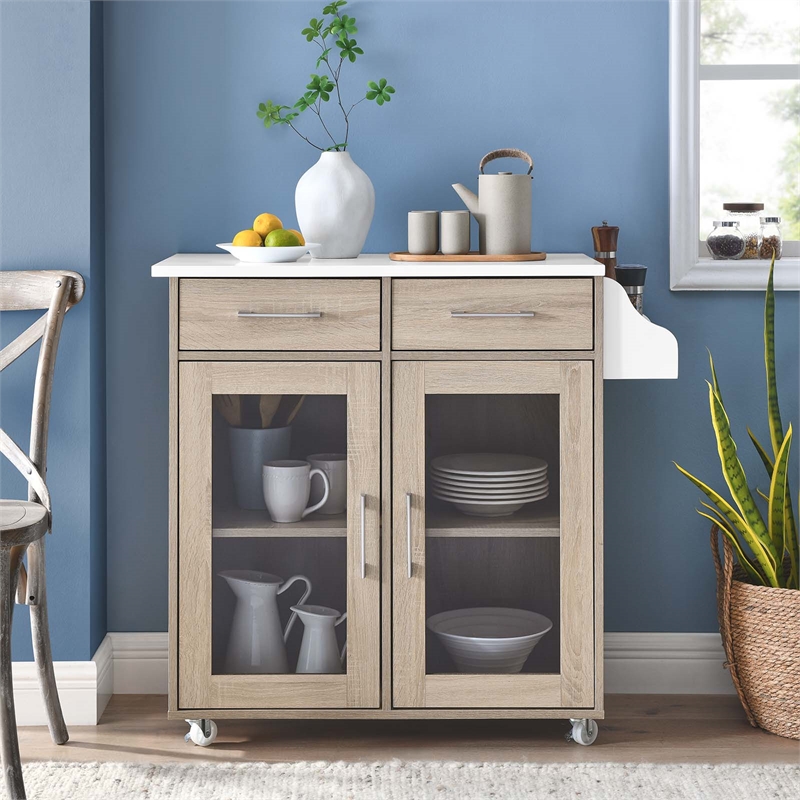 Modway Wood Cuisine Kitchen Cart with Full-Glide Drawers in Oak/White
