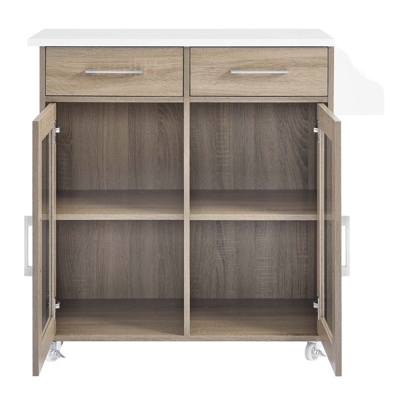 Modway Wood Cuisine Kitchen Cart with Full-Glide Drawers in Oak/White