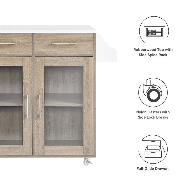 Modway Wood Cuisine Kitchen Cart with Full-Glide Drawers in Oak/White