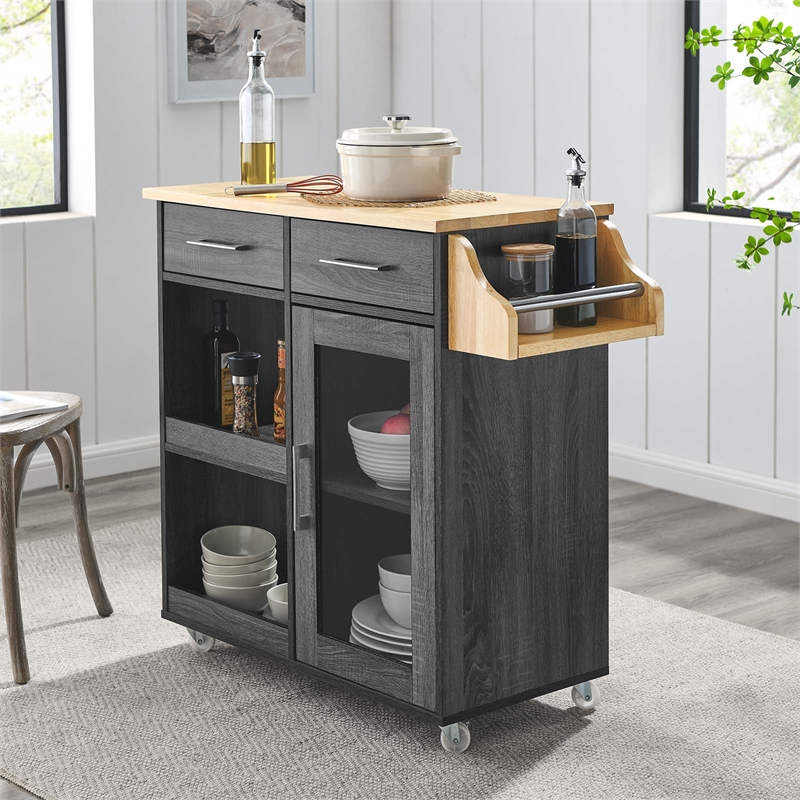 Modway Wood Culinary Kitchen Cart with Spice Rack in Charcoal/Natural