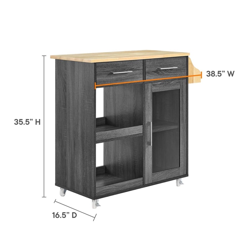 Modway Wood Culinary Kitchen Cart with Spice Rack in Charcoal/Natural