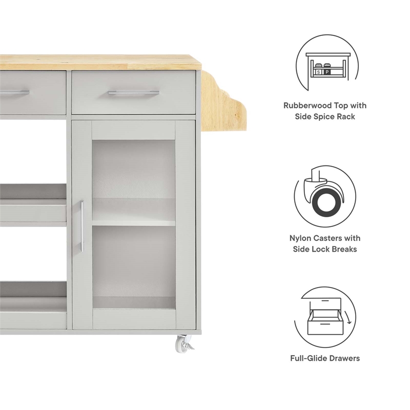 Modway Wood Culinary Kitchen Cart with Spice Rack in Light Gray/Natural