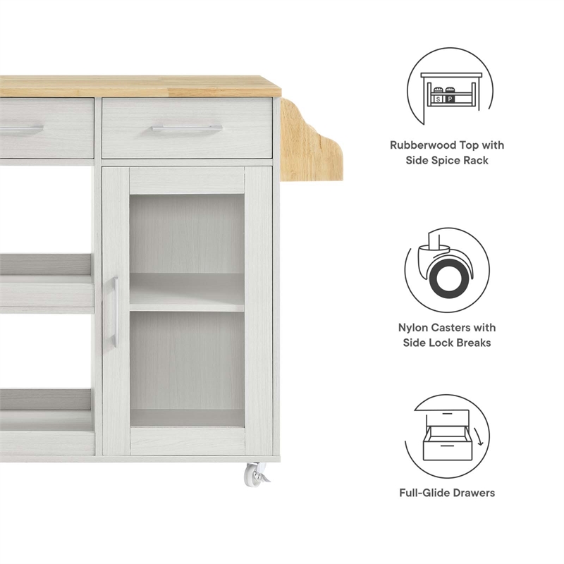 Modway Wood Culinary Kitchen Cart with Spice Rack in White/Natural