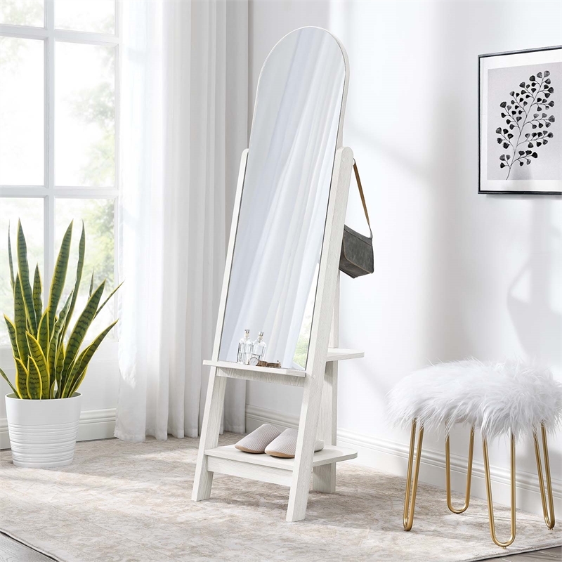 Modway Ascend Modern Wood Standing Mirror with Open Shelves in White