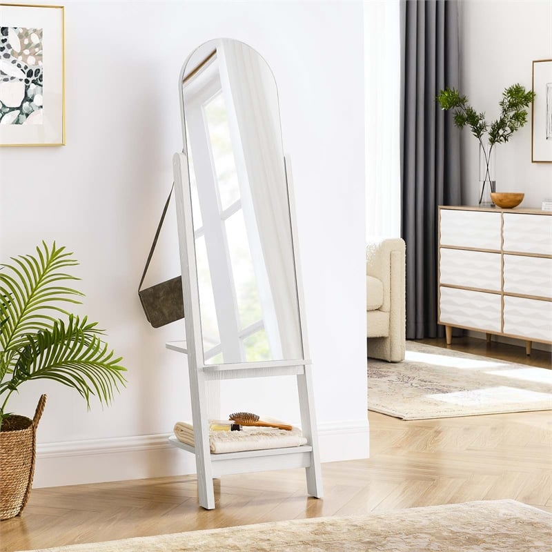 Modway Ascend Modern Wood Standing Mirror with Open Shelves in White