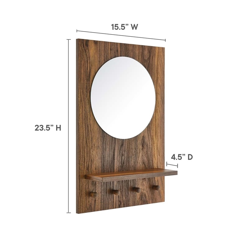 Modway Glint Modern Wood Mirror with Four Hanging Pegs in Walnut
