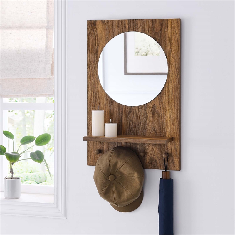 Modway Glint Modern Wood Mirror with Four Hanging Pegs in Walnut
