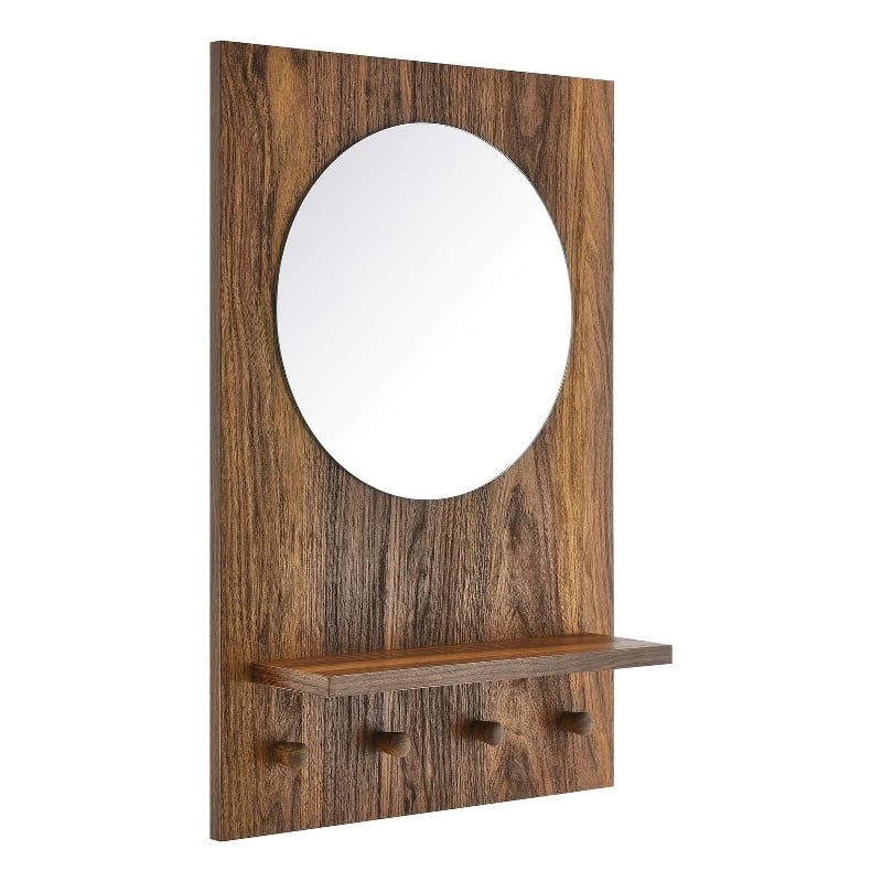 Modway Glint Modern Wood Mirror with Four Hanging Pegs in Walnut