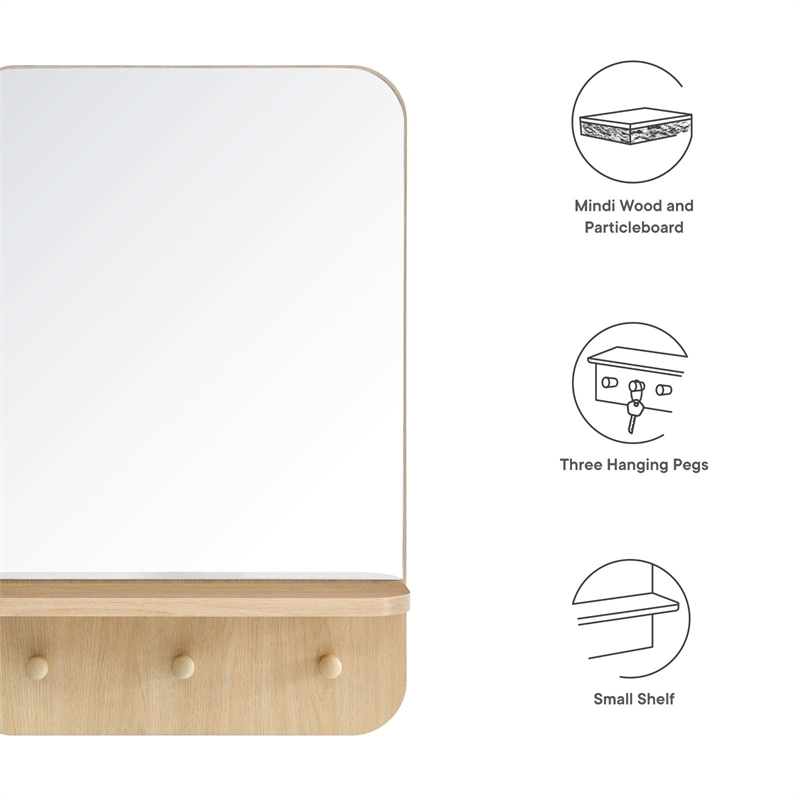 Modway Lumina Modern Wood Mirror with Three Hanging Pegs in Oak