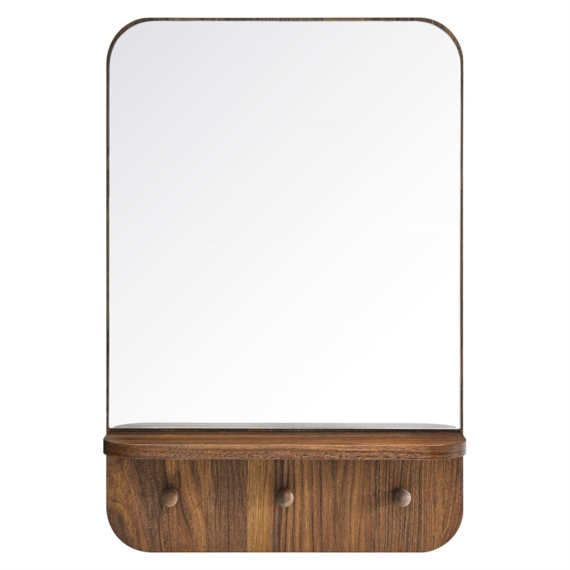 Modway Lumina Modern Wood Mirror with Three Hanging Pegs in Walnut