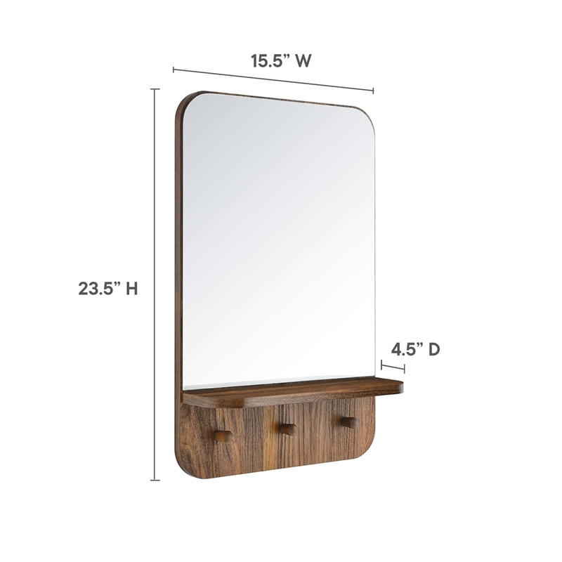 Modway Lumina Modern Wood Mirror with Three Hanging Pegs in Walnut