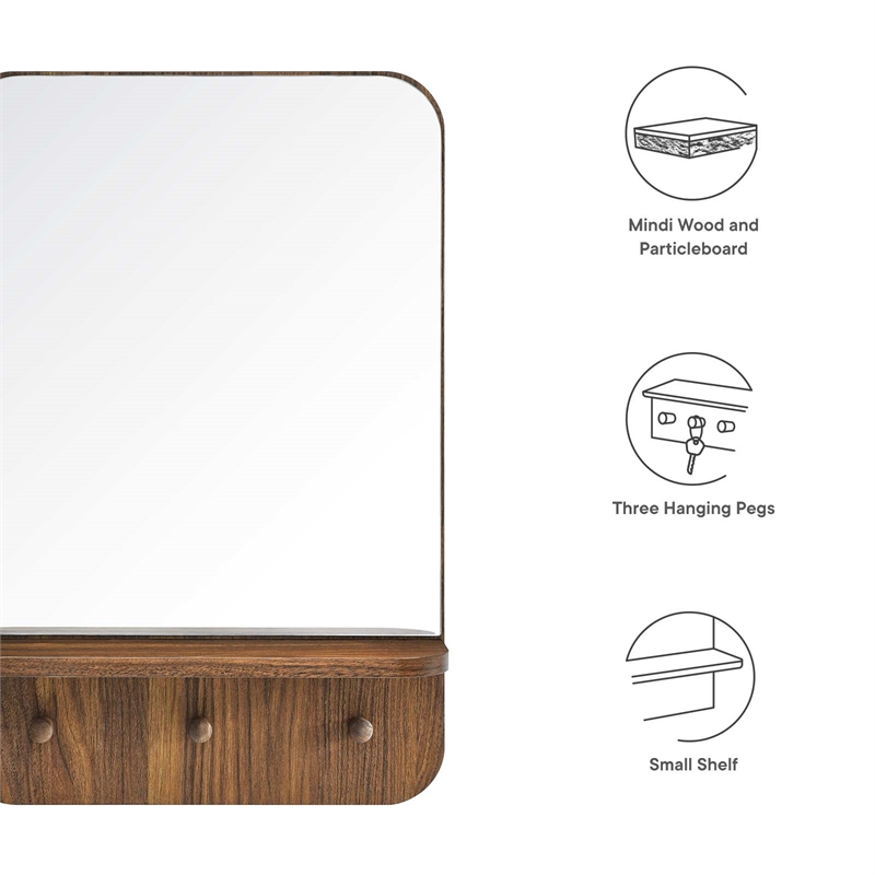 Modway Lumina Modern Wood Mirror with Three Hanging Pegs in Walnut