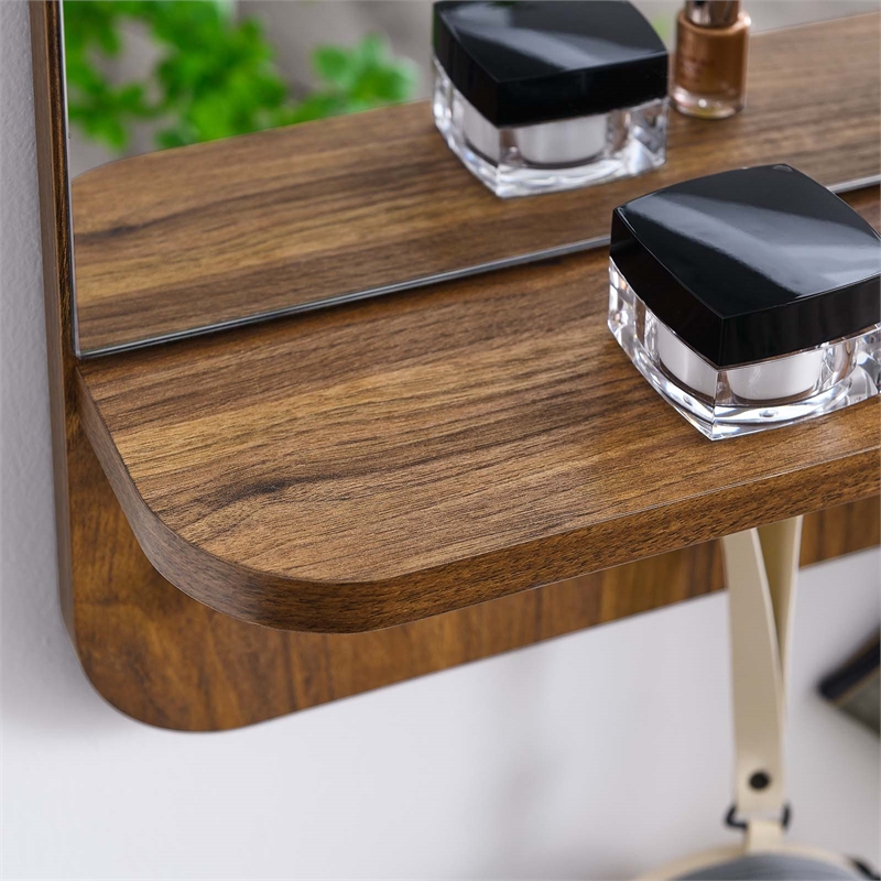 Modway Lumina Modern Wood Mirror with Three Hanging Pegs in Walnut