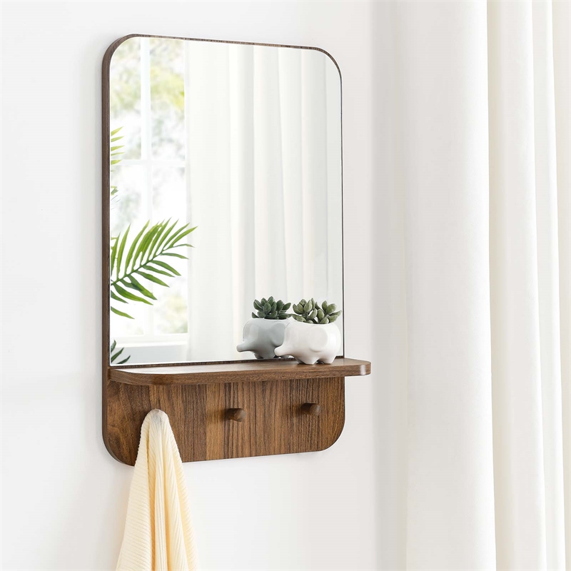 Modway Lumina Modern Wood Mirror with Three Hanging Pegs in Walnut