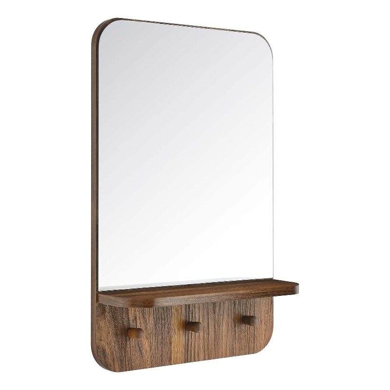 Modway Lumina Modern Wood Mirror with Three Hanging Pegs in Walnut