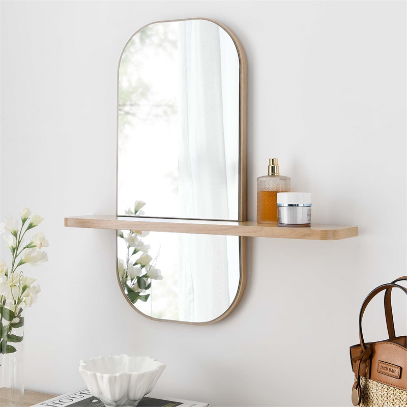 Modway Solstice Rectangular Modern Wood Mirror with Small Shelf in Oak