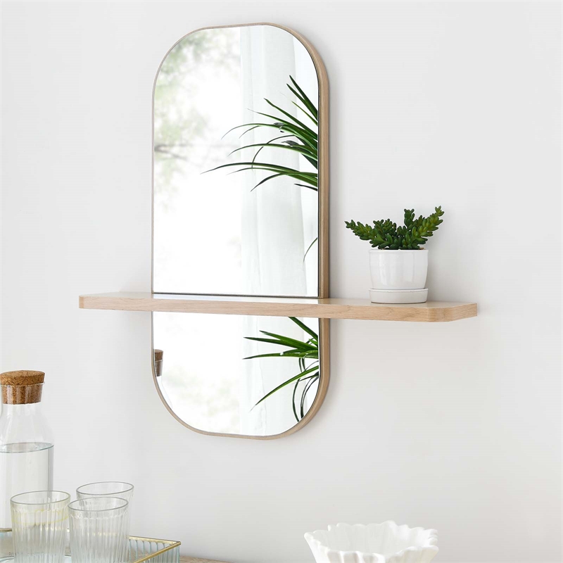Modway Solstice Rectangular Modern Wood Mirror with Small Shelf in Oak