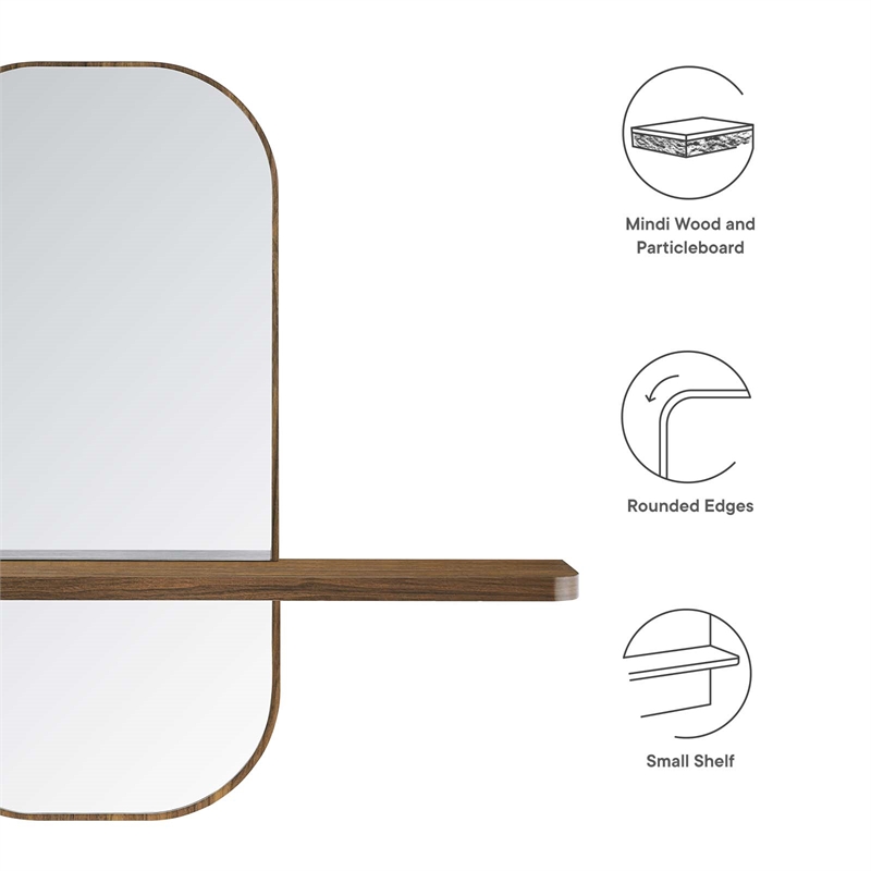 Modway Solstice Rectangular Modern Wood Mirror with Small Shelf in Walnut