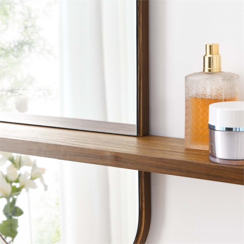 Modway Solstice Rectangular Modern Wood Mirror with Small Shelf in Walnut