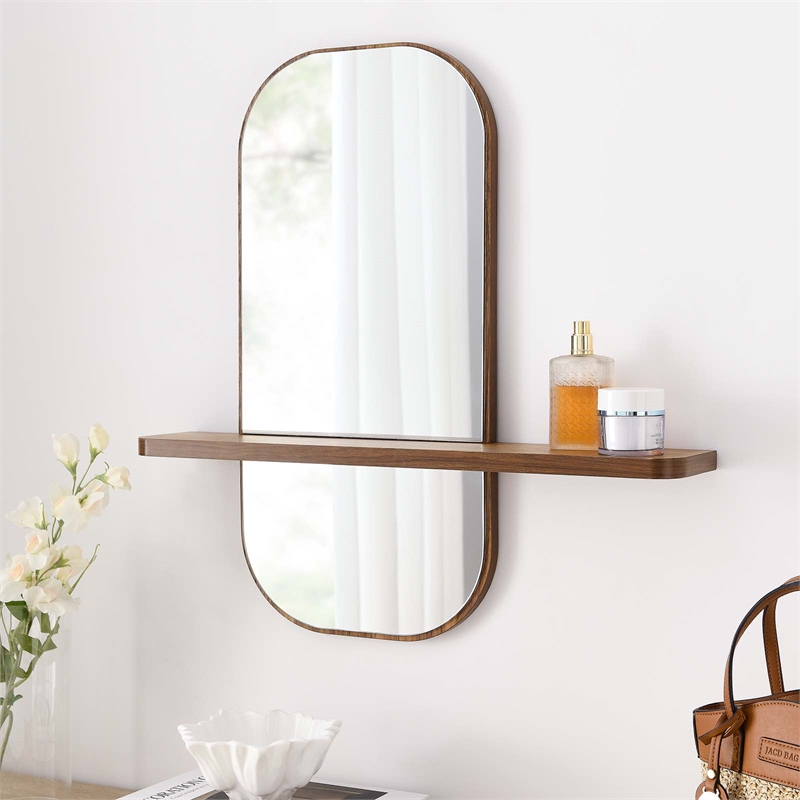 Modway Solstice Rectangular Modern Wood Mirror with Small Shelf in Walnut