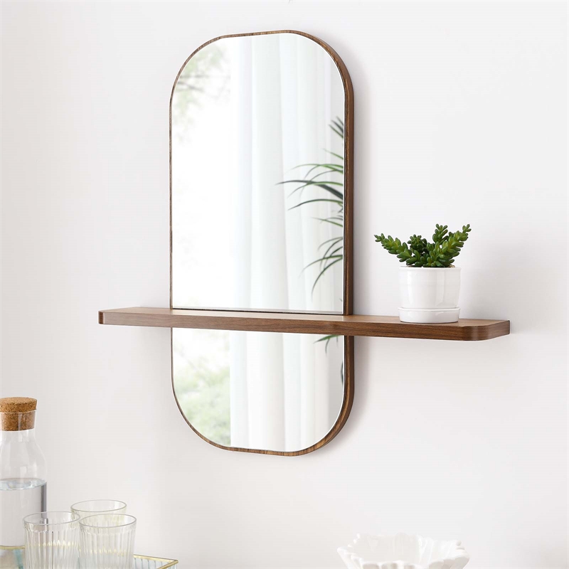 Modway Solstice Rectangular Modern Wood Mirror with Small Shelf in Walnut
