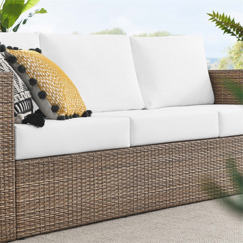 Modway Convene Outdoor Synthetic Rattan Sofa in Cappuccino and White