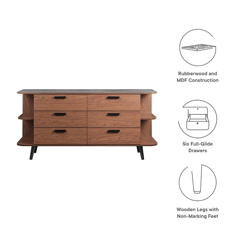 Modway Langston 6-Drawer Wood Sideboard with Splayed Base in Walnut and Gray