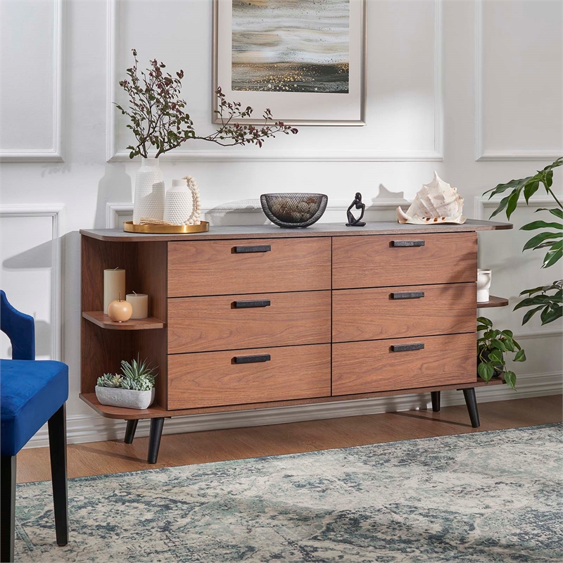 Modway Langston 6-Drawer Wood Sideboard with Splayed Base in Walnut and Gray