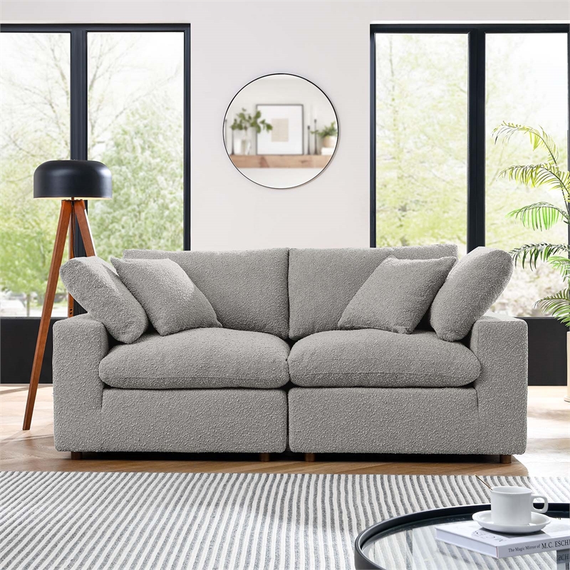 Commix Down Filled Overstuffed Boucle Fabric Loveseat in Light Gray