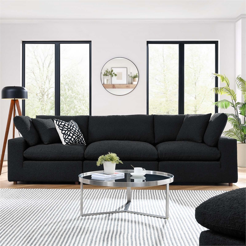 Commix Down Filled Overstuffed Boucle Fabric 3-Seater Sofa in Black