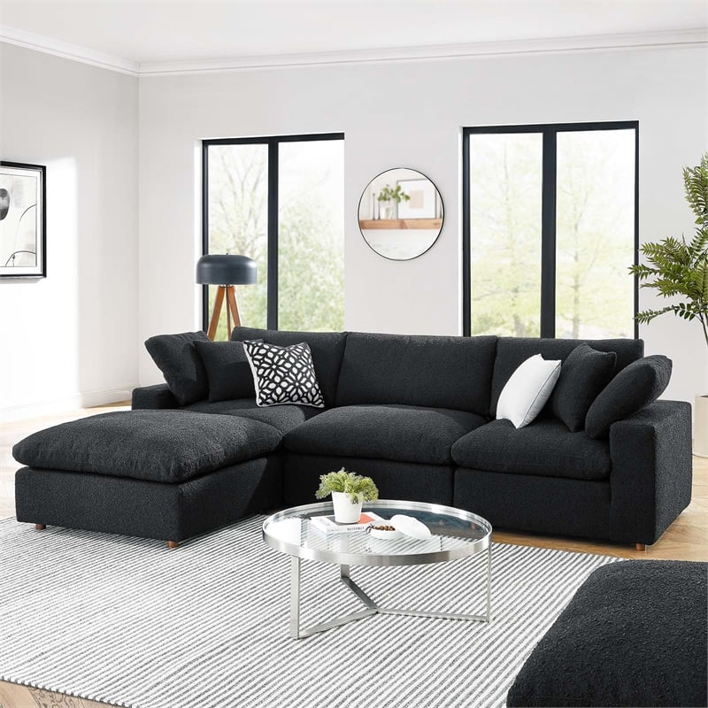 Commix Down Filled Overstuffed Boucle Fabric 4-Piece Sectional Sofa in Black