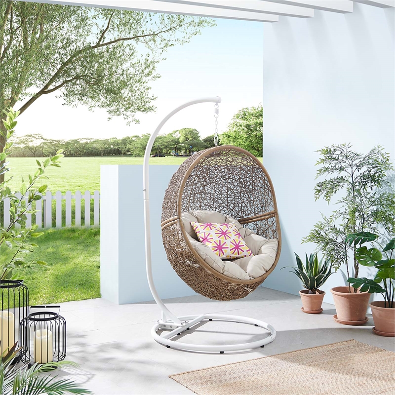 Modway Encase Outdoor Synthetic Rattan Swing Chair in Cappuccino/Beige