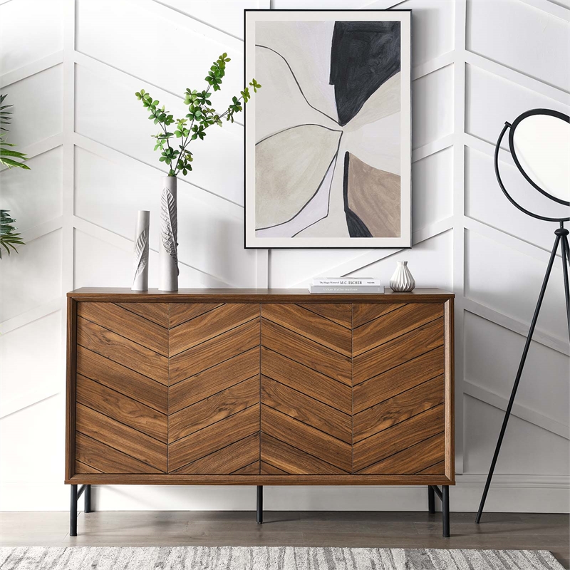 Modway Harper Chevron Wood Sideboard with Adjustable Shelves in Walnut