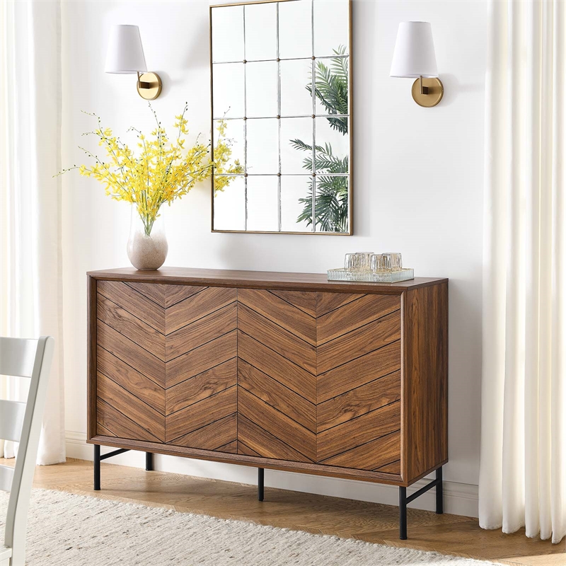 Modway Harper Chevron Wood Sideboard with Adjustable Shelves in Walnut