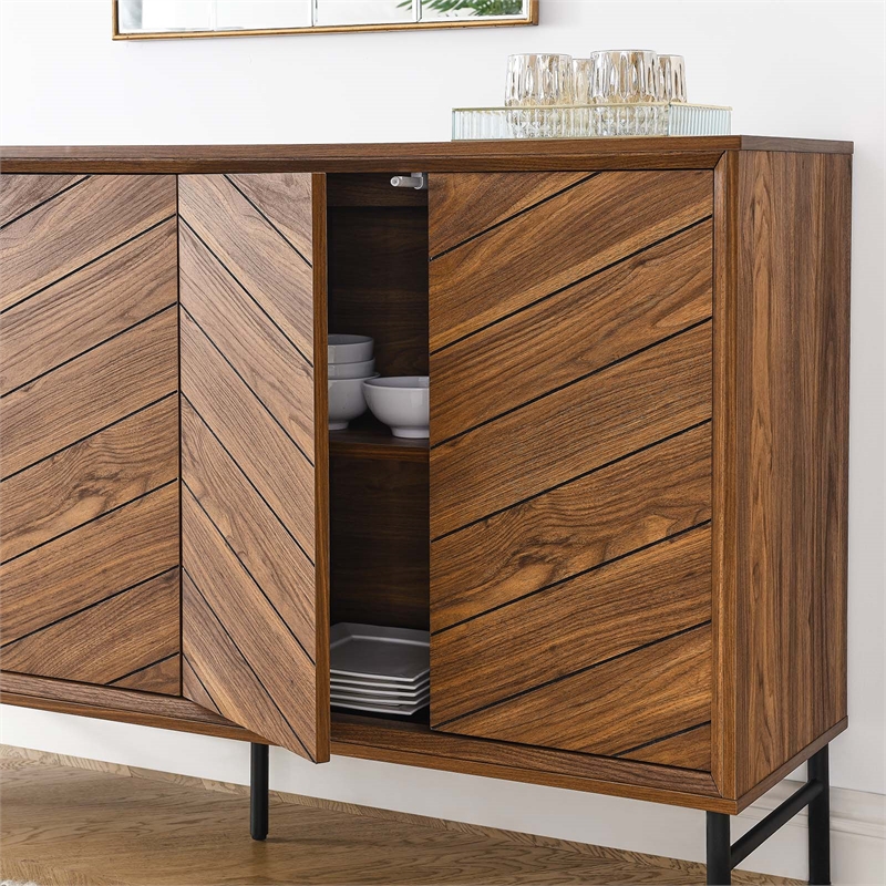 Modway Harper Chevron Wood Sideboard with Adjustable Shelves in Walnut