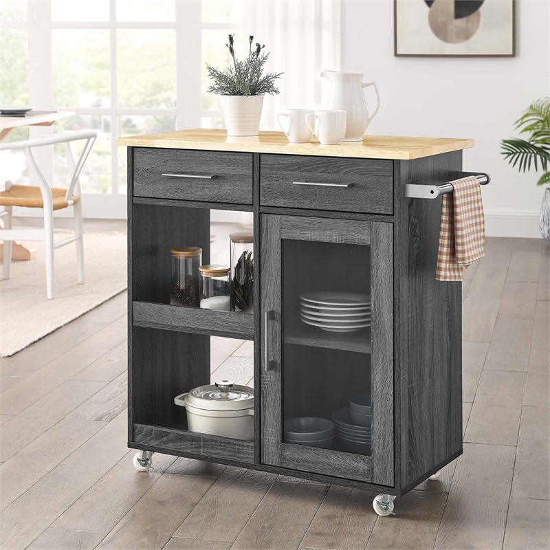 Modway Wood Culinary Kitchen Cart with Towel Bar in Charcoal/Natural