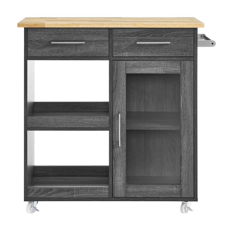 Modway Wood Culinary Kitchen Cart with Towel Bar in Charcoal/Natural
