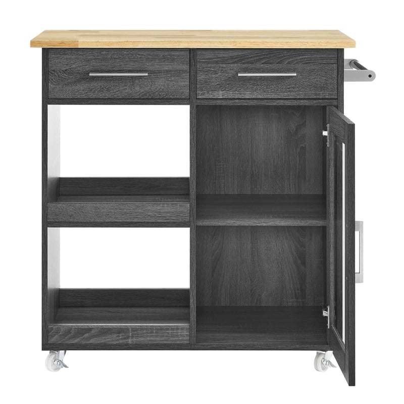Modway Wood Culinary Kitchen Cart with Towel Bar in Charcoal/Natural