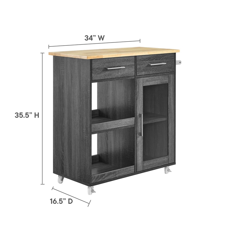 Modway Wood Culinary Kitchen Cart with Towel Bar in Charcoal/Natural