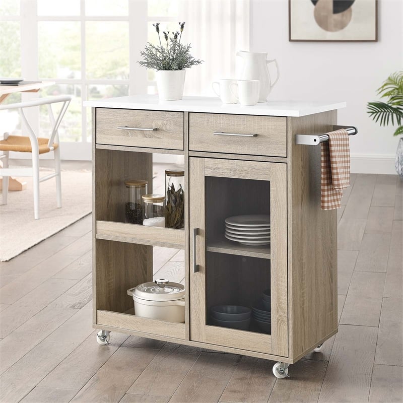 Modway Wood Culinary Kitchen Cart with Towel Bar in Oak/White