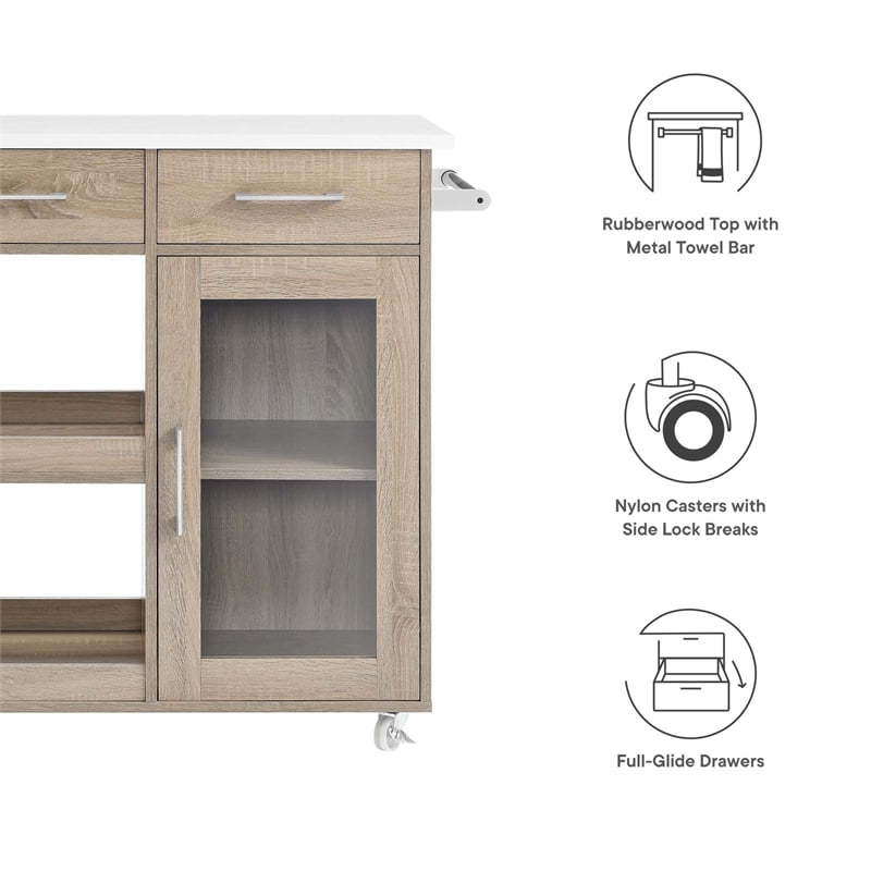 Modway Wood Culinary Kitchen Cart with Towel Bar in Oak/White