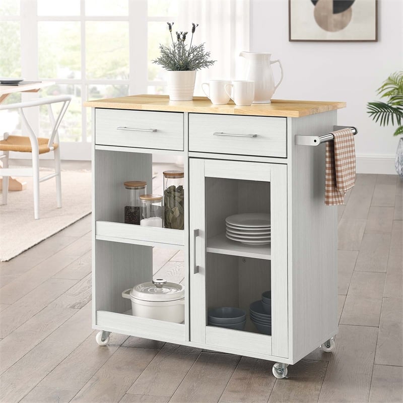 Modway Wood Culinary Kitchen Cart with Full-Glide Drawers in White/Natural