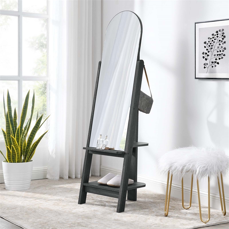 Modway Ascend Modern Wood Standing Mirror with Open Shelves in Black